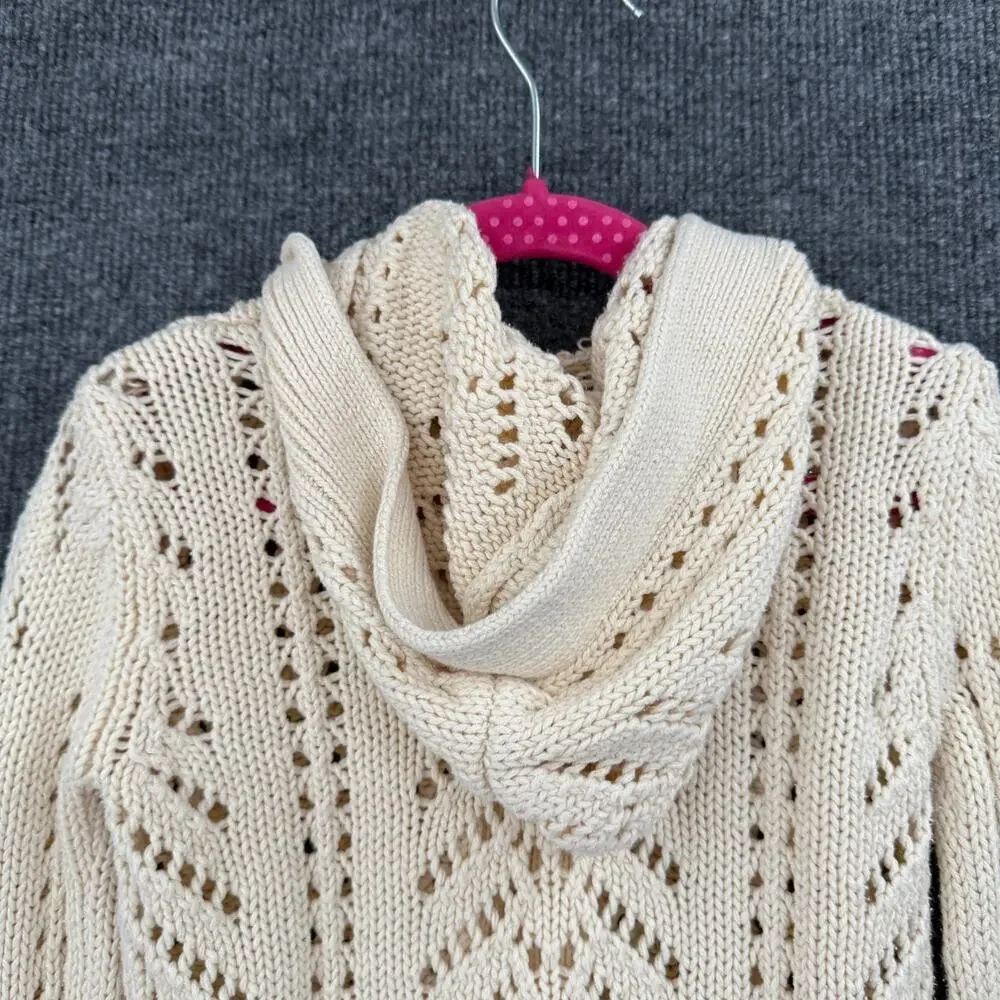 Vintage Old Navy Girls Chunky Open Knit Hooded Sweater Size S Cream Button Front